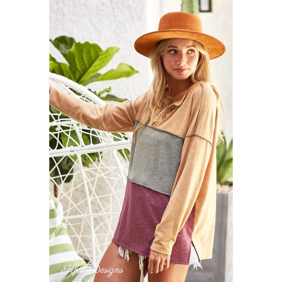 ❤️LAST! V Neck Slub French Terry Color Block Stitching Detail Henley Top! - Picture 5 of 7